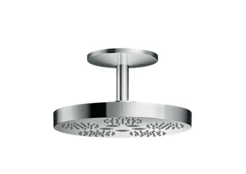 Kopfbrennensystem von AXOR in Chrom mit Deckenanschluss. Rundes Design mit gleichmäßiger Wasserverteilung. Ideal für moderne Badezimmer.